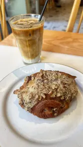 A short reel showcasing the pastry selection and coffee at Chestnut Bakery in London, featuring the creator enjoying a twice-baked pecan and salted caramel croissant.