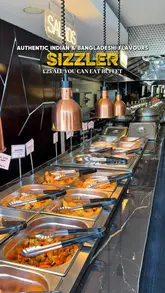 A promotional montage showcasing the buffet spread, interior, and food offerings at Sizzler in Watford, highlighting the variety of Indian and Bangladeshi dishes available.