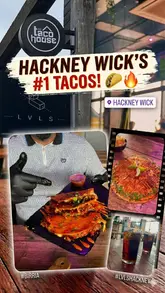 A short, energetic review of The Taco House in Hackney Wick, featuring a variety of dishes including wings, a French taco, and a birria pizza. The video uses a handheld, vlog-style approach to showcase the food and the venue's waterside location.