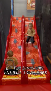 A fast-paced, energetic reel showcasing Little Dinosaurs, a soft play venue in Enfield Town Park. The video highlights various indoor and outdoor play areas, including slides, a ball pit, a bouncy castle, and football goals, while also featuring a brief shot of a coffee, emphasizing the venue's appeal as a relaxing spot for parents while children play.