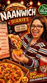 A fast-paced, enthusiastic review of Naanwich Club in Manchester, featuring close-ups of their fusion pizzas, wraps, and samosas. The creator highlights the quality and flavor of the food, encouraging viewers to visit.