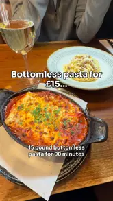 A promotional video for Bella Italia highlighting their limited-time £15 bottomless pasta offer, available Monday to Friday. The video features the restaurant exterior, menu, drinks, and various pasta dishes, with a voiceover explaining the terms of the deal.