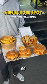 A creator visits a new burger spot in Bradford, showcasing the exterior, interior, and a variety of menu items including smash burgers, chicken toasties, and wraps.