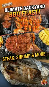 A series of close-up shots showing various meats, seafood, and vegetables cooking on a charcoal grill, including chicken, shrimp, steak, and halloumi.
