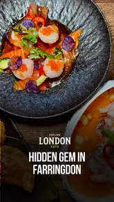 A promotional reel for Alfonsina restaurant in Farringdon, featuring a montage of the interior, various dishes including empanadas, octopus, and steak, and the creator enjoying the dining experience.