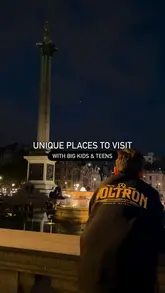 A travel montage showcasing a stay at a Thistle Hotel in Trafalgar Square, highlighting the room, breakfast buffet, and proximity to London landmarks like the National Gallery and West End theatres.