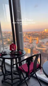 A polished promotional video showcasing a sunset dinner experience at Hutong in The Shard, London. The video features sweeping shots of the skyline, the restaurant's interior, and various dishes from their set menu.