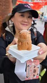 A creator visits New Loon Moon Supermarket in London's Chinatown to review a chocolate mousse dessert shaped like a capybara, highlighting its price and taste.