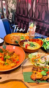 A montage-style reel showcasing a Thai restaurant in Covent Garden, featuring a variety of dishes from a set menu, including starters, soups, curries, and desserts, alongside shots of the restaurant's interior.