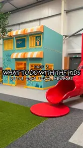 A walkthrough tour of a children's role-play centre in Newport, showcasing various themed play zones including a cafe, farm shop, construction yard, theatre, and fire station. The video features children playing in these areas and a brief shot of coffee and cake.