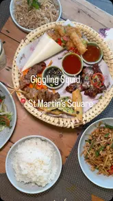 A montage of various Thai dishes and cocktails served at Giggling Squid, showcasing a sharing-style meal.