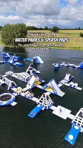 A compilation video showcasing various water parks and splash pads across the Midlands, UK, presented as a listicle recommendation for hot weather. The video features quick cuts of different attractions including inflatable water parks, splash pads, and swimming areas, with text overlays identifying each location.