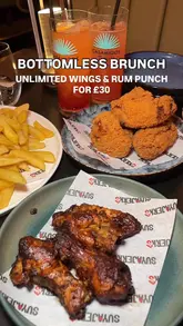 A promotional montage for a bottomless brunch and drunch offer at Cococure Haus, highlighting the unlimited wings and rum punch deal.