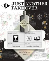 A promotional graphic for a Hendrick's Gin takeover event featuring Equal Parts and Kiki Lounge, detailing the date and time of the event.