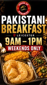 A short video review of a Pakistani breakfast spot in Leicester, featuring close-ups of fresh paratha being cooked, a variety of traditional breakfast dishes like halwa, puri, chana, and masala omelette, and a brief look at the restaurant interior.