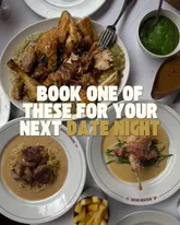 A high-quality, overhead flat-lay photograph showcasing a selection of French bistro dishes, including roast chicken and fries, presented on a clean white tablecloth. The image is bright, sharp, and professionally styled, effectively communicating a sophisticated dining experience suitable for a date night.