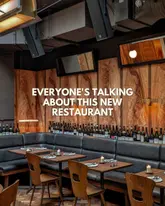 A high-quality, atmospheric interior shot of a restaurant, likely used for social media promotion. The lighting is warm and inviting, emphasizing the venue's ambiance and sophisticated decor.