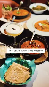 A montage showcasing the interior and a wide variety of Indian dishes at Masala Zone, highlighting their Grand Trunk Road menu.