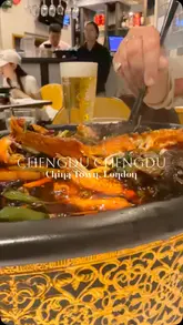 A short video showcasing a visit to Chengdu Chengdu in London's Chinatown, featuring close-ups of Sichuan-style claypot dishes, dim sum, and fried seafood, alongside shots of the restaurant interior and a promotional beer offer.