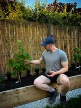 A man sits in a garden next to a young grapevine, holding a glass of red wine, in a personal lifestyle post about viticulture in Scotland.