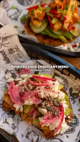 A promotional reel showcasing a new 'crushed croissant' menu at Hideout Coffee, featuring three distinct topping variations and iced coffee pairings.