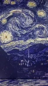 A montage of various Van Gogh paintings projected onto the walls and floors of an immersive exhibition space. The video cycles through different famous works, showcasing the scale and atmosphere of the installation.