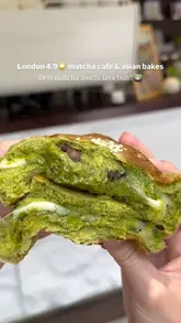 A short, punchy reel showcasing a London-based matcha cafe, featuring close-ups of their signature lattes and Asian-inspired pastries, including a mochi-filled bun.