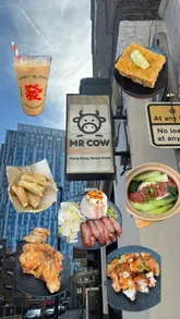 A food review reel showcasing various Hong Kong-style dishes at Mr Cow in Shoreditch, including fried pork chop, spring rolls, fried chicken, char siu pork, claypot rice, French toast, and milk tea.