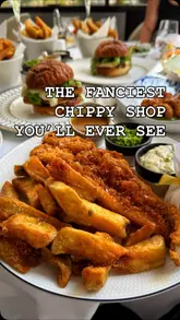 A promotional reel for a high-end 'Chippy Shop' pop-up at 45 Park Lane, featuring elevated versions of classic British fish and chip shop dishes, including fish and chips, fish finger sandwiches, and creative desserts.
