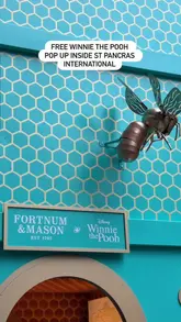 A short video showcasing a Winnie the Pooh themed pop-up installation by Fortnum & Mason located inside St Pancras International station. The video features the exterior of the giant beehive structure and the interior, which includes educational displays about bees and a map of the Hundred Acre Wood.