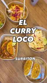 A short video showcasing a variety of dishes from El Curry Loco, a restaurant in Surbiton featuring a fusion of Tamil and Mexican cuisines. The video displays various items including samosa chaat, biryani burritos, quesadillas, rice bowls, birria tacos, and churros, alongside brief shots of the venue's interior decor.