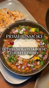 A polished montage of various dishes and drinks at Prime & Smoke, featuring close-up shots of steaks, seafood, desserts, and cocktails to highlight the menu offerings.