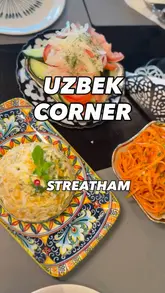 A montage-style reel showcasing the interior and a variety of dishes at an Uzbek restaurant in Streatham. The video focuses on close-ups of salads, soups, dumplings, rice dishes, and desserts, set to music with text overlays identifying the venue.