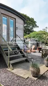 A personal, vlog-style tour of a shepherd's hut glamping venue in Northumberland, showcasing the interior, kitchen, bathroom, and outdoor amenities like the hot tub and fire pit.