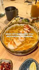 A food review video showcasing a Northern Thai restaurant in London, featuring various dishes like grilled pork skewers, mango salad, khao soi with beef and scallops, and desserts.