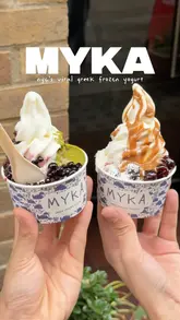 A fast-paced, energetic vlog-style video showcasing a visit to MYKA, a new frozen yogurt shop in London. The video highlights the shop's interior, the variety of toppings, the preparation process, and the final product, with the creator sharing their enthusiastic reaction.