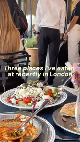 A fast-paced listicle video featuring three London hospitality venues: Angelina (Italian-Japanese fusion), Onsu Bakery (Asian-inspired bakery), and Taverna Ermou (Greek). The creator provides personal reviews of specific dishes at each location, including matcha pasta, sesame chicken buns, and Greek salads, using a vlog-style format with voiceover narration.