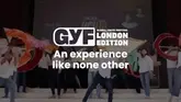 A promotional video for the Global Youth Festival in London, highlighting various interactive experiences including a 360 LED experience, live music, EDM yoga, coffee rave, and wellness activities like clay works and aqua sound baths.