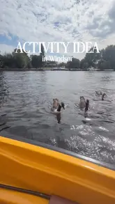 A first-person perspective shot from a rental boat on the river in Windsor, capturing ducks swimming alongside the vessel. The video serves as a simple, engaging promotion for a local boat hire activity.
