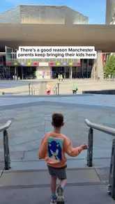 A short, simple video featuring a child walking towards the entrance of The Lowry in Salford Quays, used to promote the venue as a family-friendly destination for activities and shows.