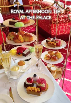 Halal afternoon tea featuring sparkling drinks at Buckingham Palace with elegant pastries and tea.