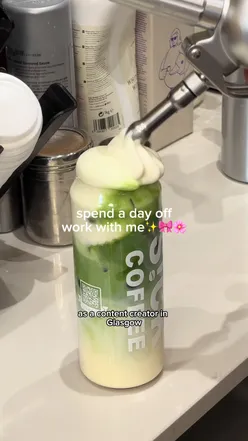 Content creator enjoying a day off in Glasgow, surrounded by matcha drinks and vibrant city life.