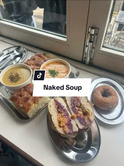 Enjoying delicious soups and a bagel at Naked Soup in Glasgow during cozy fall season.