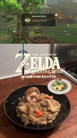 Mushroom Risotto inspired by The Legend of Zelda: Breath of the Wild, featuring parmesan and wild mushrooms.