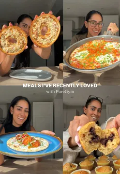 Healthy high-protein meals like Pizza Breakfast Bagels and Shakshuka shared by @PureGymOfficial. #ad #PureGym