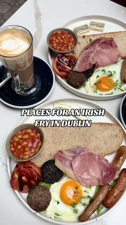 Full Irish fry-up with bacon, sausages, fried egg, and beans at The Art of Coffee, Dublin's trendy breakfast spot.