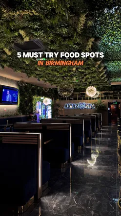 5 must-try food spots in Birmingham: Smoke & Pepper, Shrimp & Co, Burger and Wok, ISO, and Amazônia.