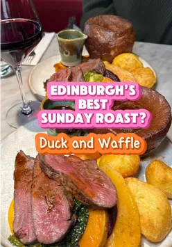 Delicious beef Sunday roast with Yorkshire pudding and duck fat potatoes at Duck & Waffle in Edinburgh.