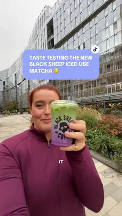 Iced ube matcha drink at Black Sheep Coffee, a delicious blend of flavors in London.