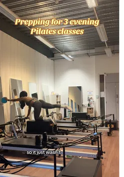 Pilates instructor promoting classes with enthusiasm, showcasing a dynamic reformer workout environment.